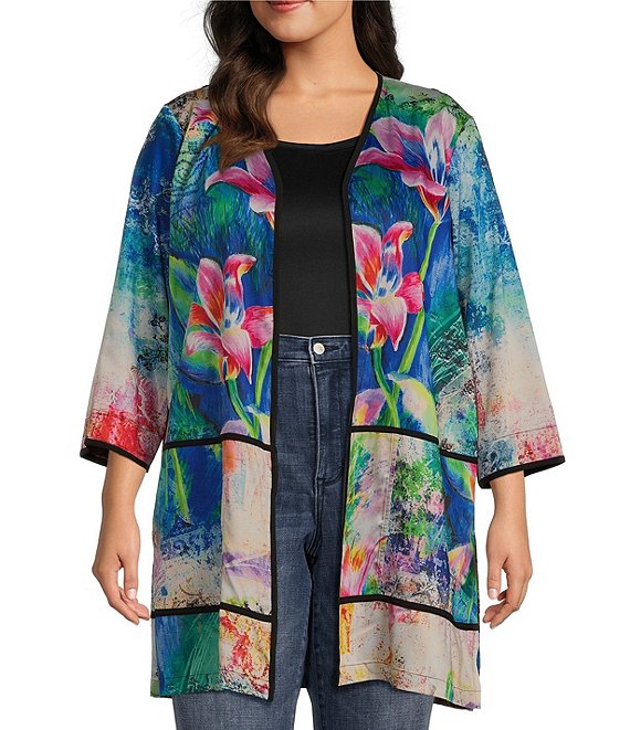 Ali Miles Plus Size Woven Floral Printed Open-Front Fly Away Kimono ...