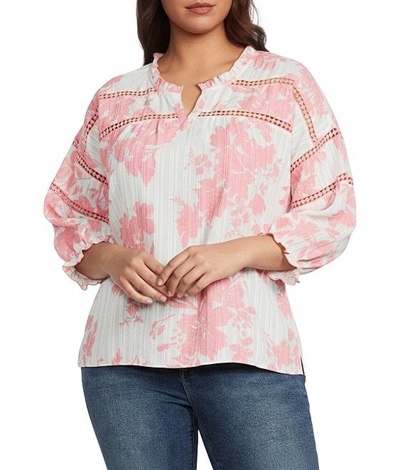 Ali Miles Plus Size Woven Leaf Print Split V-Neck 3/4 Sleeve Tunic