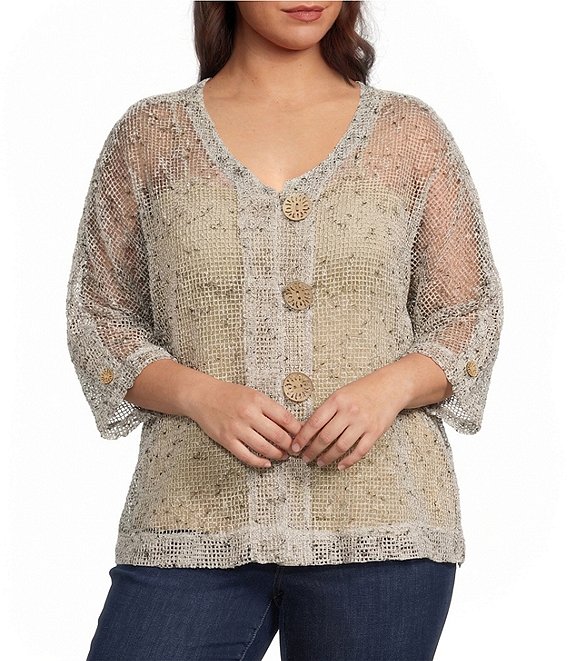 Ali Miles Plus Size Woven Mesh Speckled V-Neck Elbow Length Sleeve Button Front Jacket