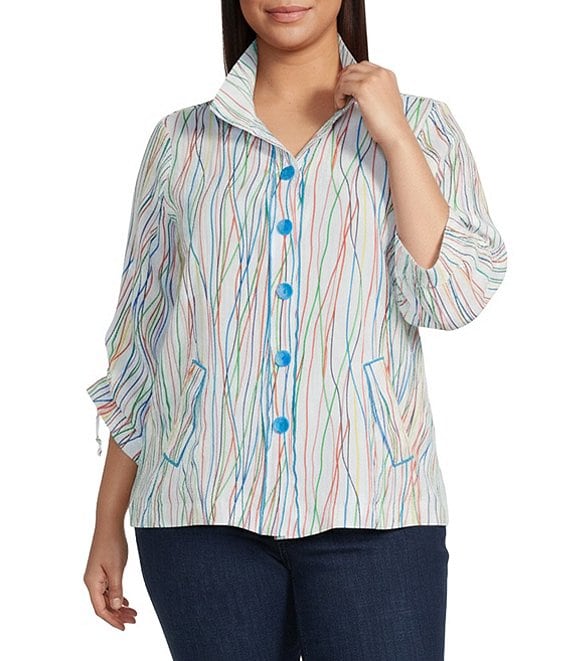 Ali Miles Plus Size Woven Multi Stripe Point Collar 3/4 Cinched Tie Sleeve Button Front Tunic