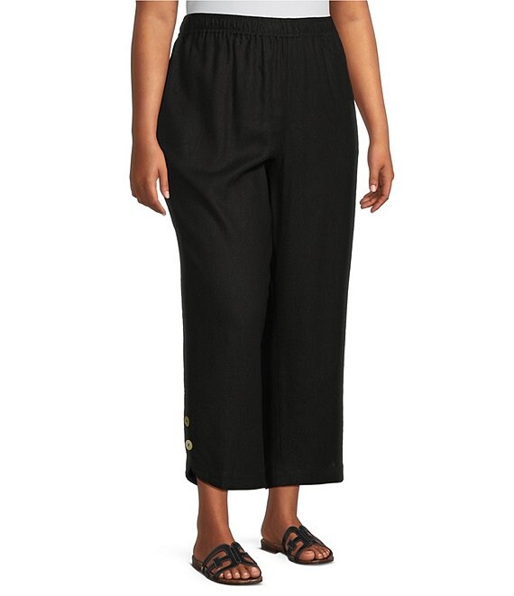 Ali Miles Plus Size Woven Side-Button Detail Hem PUll-On Ankle Pants