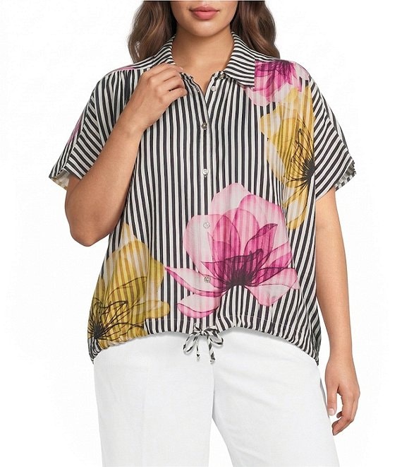 Ali Miles Plus SIze Woven Stripe Floral Point Collar Short Dolman Sleeve Drawstring Hem Button-Front Shirt
