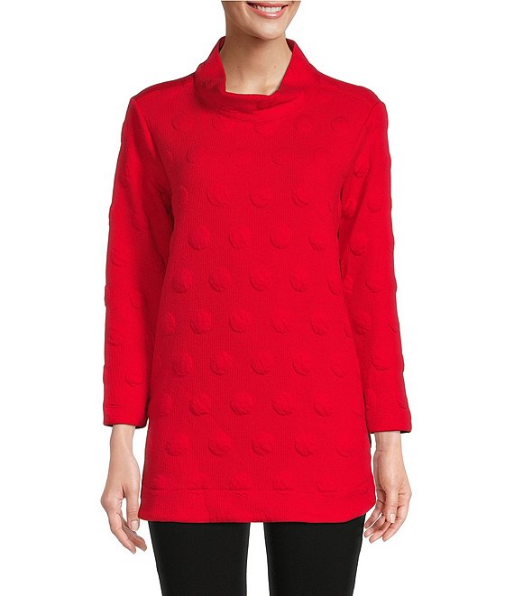Color:Red - Image 1 - Solid Textured Dot Print Funnel Neck 3/4 Sleeve Button Side Detail Knit Tunic