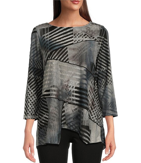 Ali Miles Textured Jacquard Knit Abstract Geometric Print Scoop Neck 3/ ...
