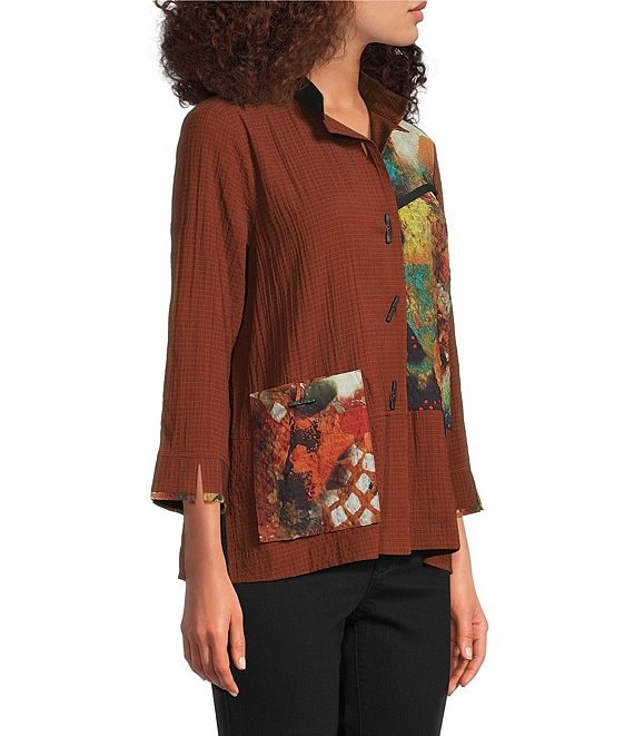 Ali Miles Textured Woven Abstract Patch Print 3/4 Sleeve Button Front Tunic