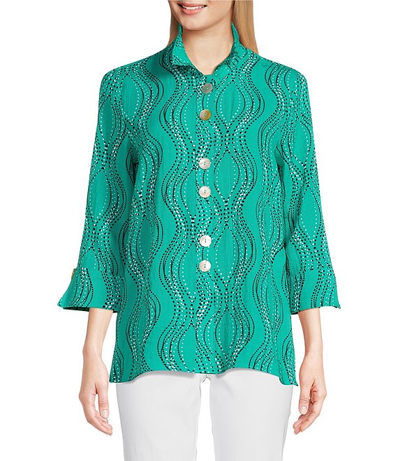 Ali Miles Wavy Dotted Wavy Lines Print Wire Collar 3/4 Cuffed Sleeve ...