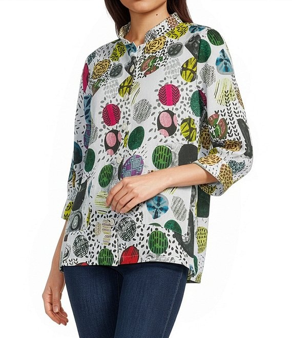 Ali Miles Woven All Over Multi Colored Dots Stand Collar 3/4 Sleeve Button Front Jacket