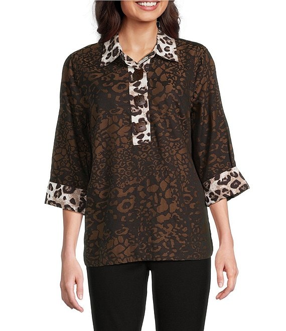 Ali Miles Woven Animal Print Point Collar 3/4 Sleeve Contrast Trim Hi-Low Hem Tunic, Multi Animal Print - Image 1
