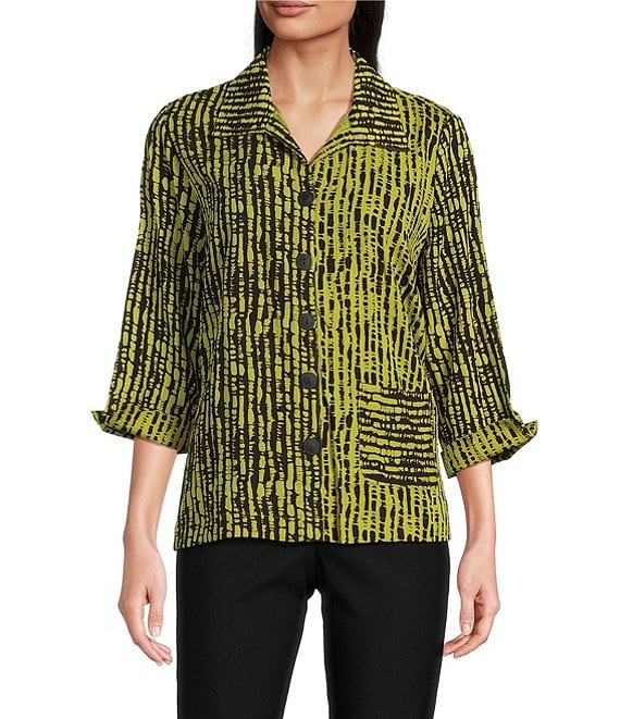 Ali Miles Woven Black Stroke Print Point Collar 3/4 Sleeve Button Front Tunic