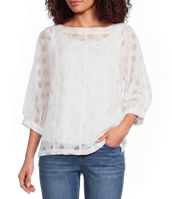 Ali Miles Woven Burnout Dot Round Neck 3/4 Cuffed Sleeve Popover Top