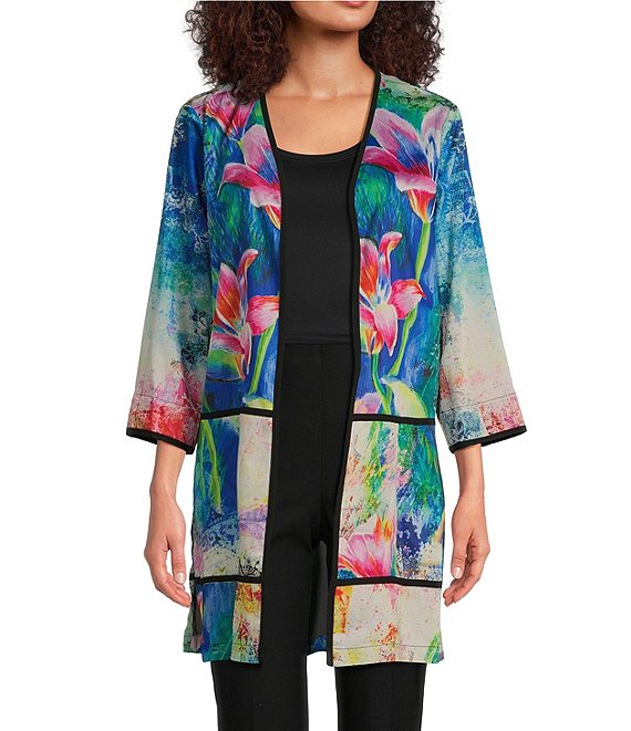 Ali Miles Woven Floral Print Open Front 3/4 Sleeve Long Kimono | Dillard's