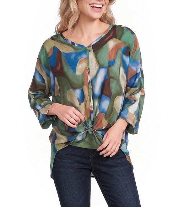 Ali Miles Woven Geometric Printed V-Neck 3/4 Sleeve Button Front Top