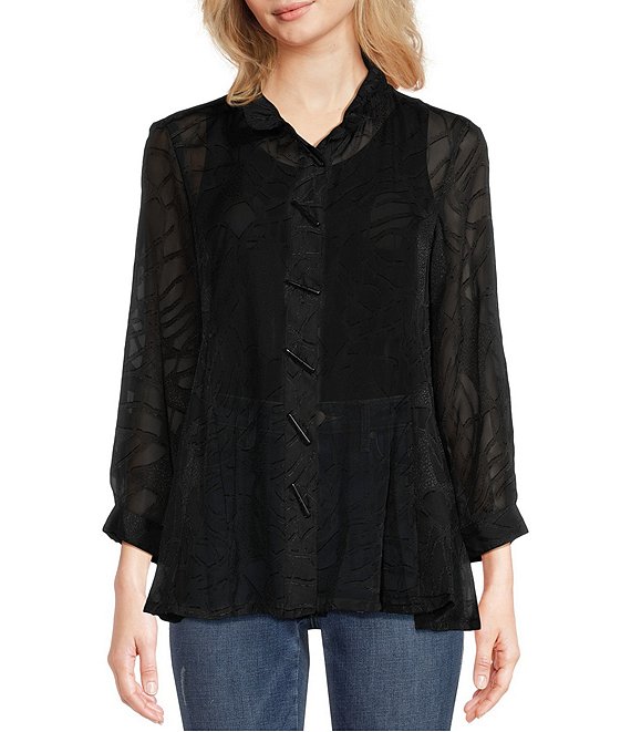 Ali Miles Woven Jacquard Abstract Wire Point Collar 3/4 Sleeve Button ...