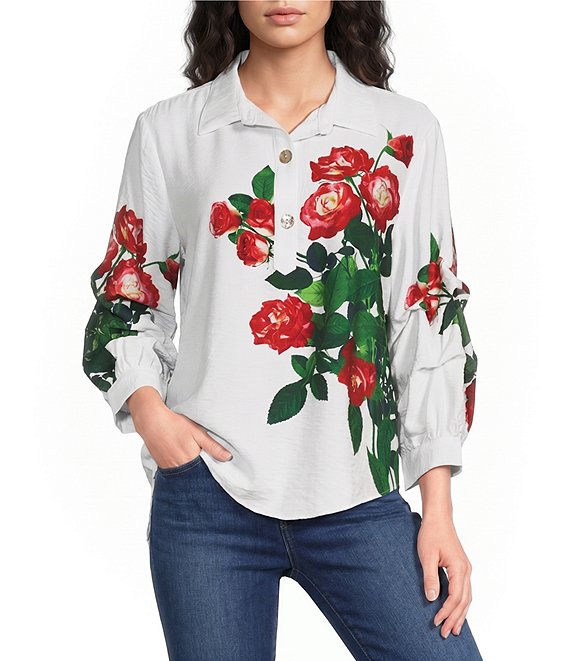 Ali Miles Woven Large Floral Point Collar 3/4 Cinched Sleeve Popover Top