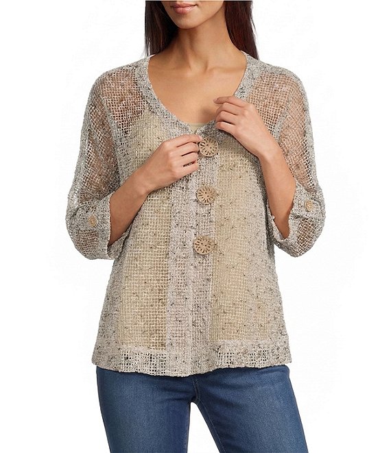 Ali Miles Woven Mesh Speckled V-Neck Elbow Length Sleeve Button Front Jacket