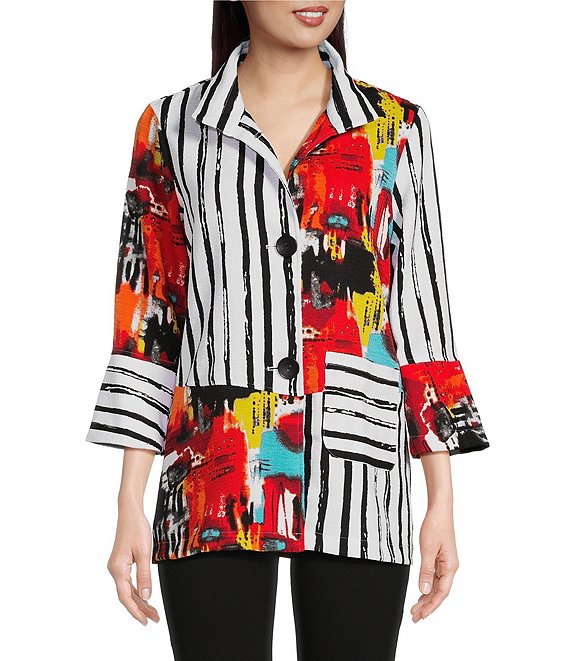 Ali Miles Woven Multi Mix Print Wire Collar 3/4 Sleeve Button Front ...