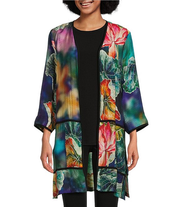 Ali Miles Woven Multi Watercolor Floral Print Round Neck 3/4 Sleeve ...