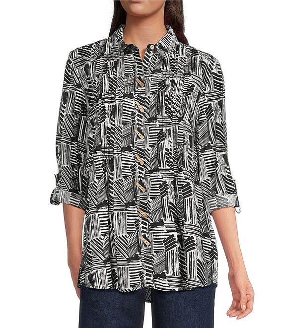Ali Miles Woven Printed Point Collar 3/4 Roll-Tab Sleeve Button Front Tunic