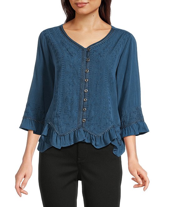 Ali Miles Woven V-Neck 3/4 Sleeve Button Front Shirt