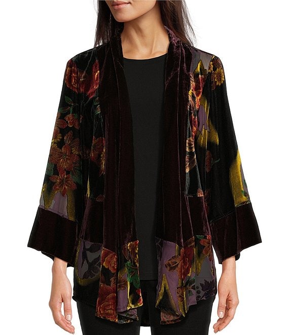 Ali Miles Woven Velvet 3/4 Sleeve Open Front Floral Print Kimono ...