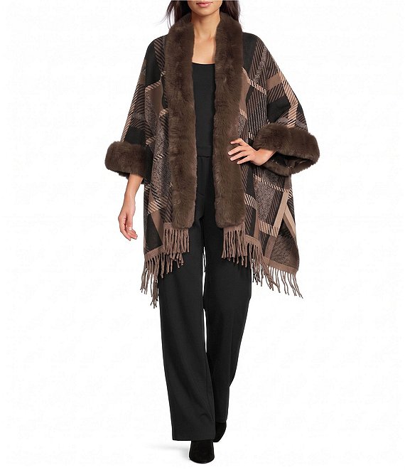 Ali Miles Woven Yarn Dye Prush Plaid Open Front 3/4 Sleeve Fringe Hem Jacket