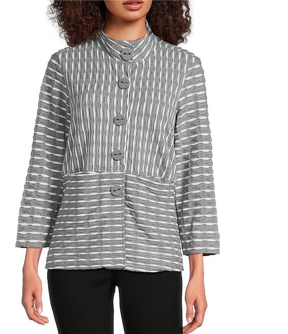 Ali Miles Yarn-Dye Jacquard Knit Striped Point Collar Long Sleeve Button Front Top