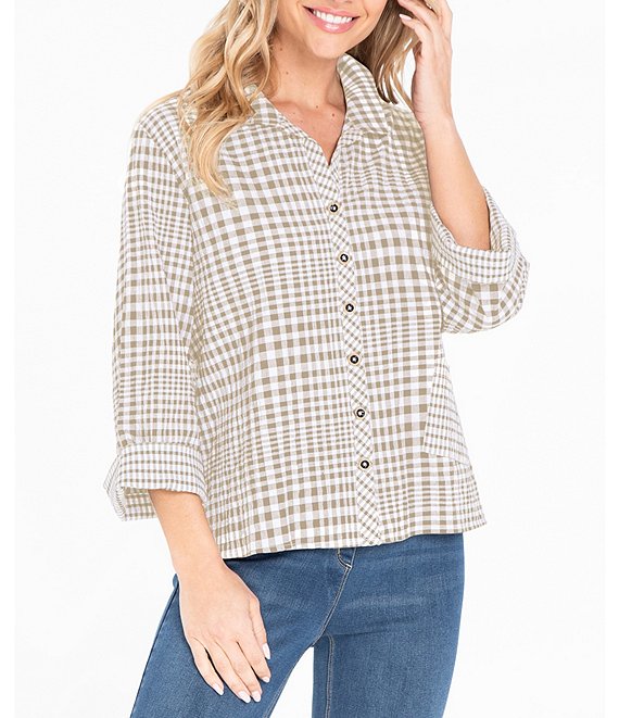 Color:Linen - Image 1 - Yarn Dye Plaid Print Point Collar 3/4 Cuffed Sleeve High-Low Hem Button Front Top
