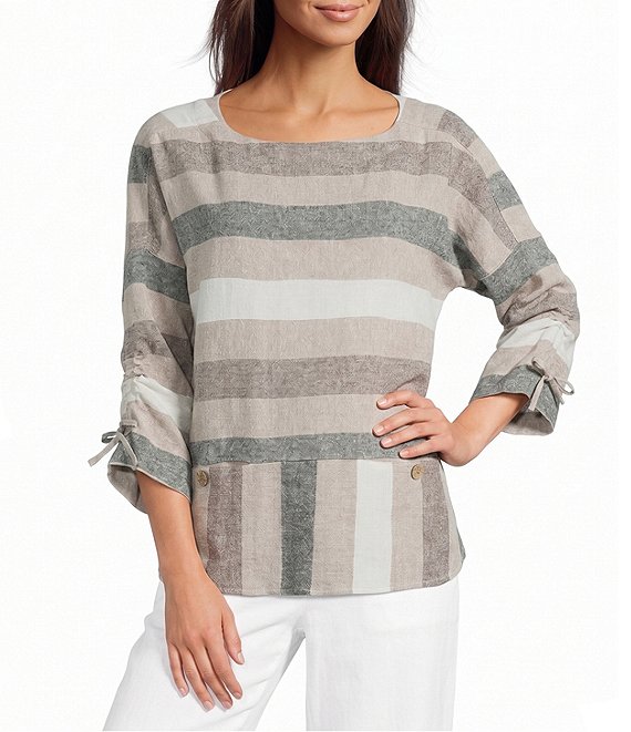 Ali Miles Yarn Dye Woven Stripe Round Neck 3/4 Sleeves Top