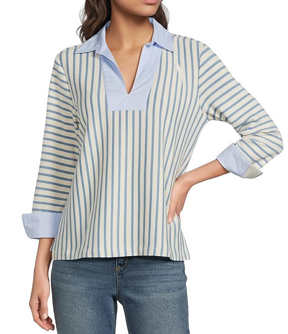 Ali Miles Yarn-Dyed Stripe Collared Split V-Neck Long Sleeve Tunic, Stripe - Image 1