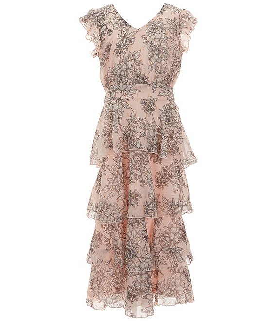 Allison & Kelly Big Girls Flutter-Sleeve Floral-Printed Metallic Jacquard Long Dress, Blush/Black - Image 1