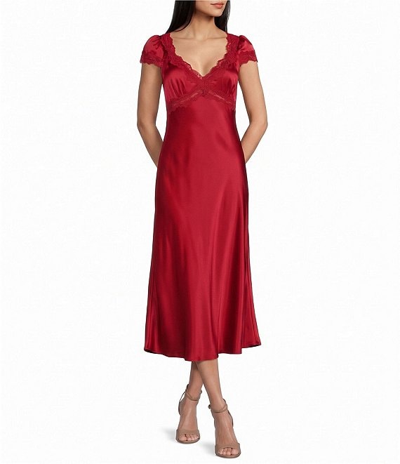Allison & Kelly Cap Sleeve Lace Trim Satin Midi Dress