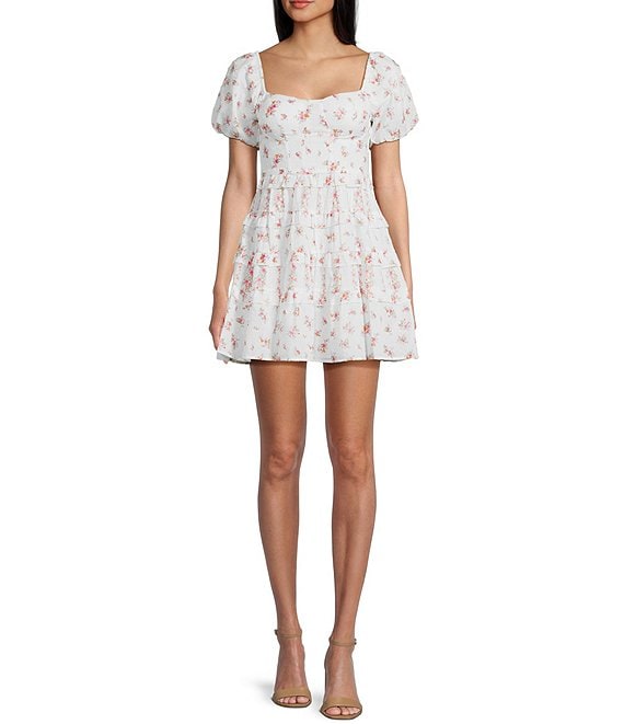 Allison & Kelly Ditsy Floral Print Sweetheart Neck Short Puff Sleeve Corset Dress, White/Pink - Image 1