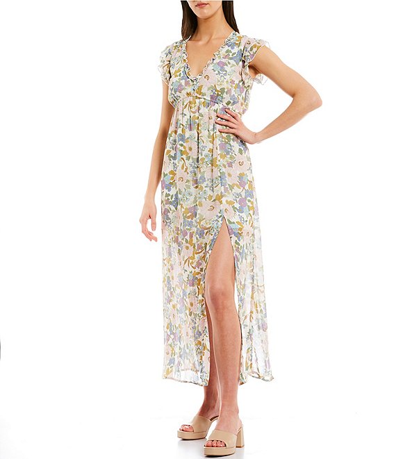 Color:Lilac/Ivory - Image 1 - Floral Print Ruffle Trim Short Sleeve Front Slit Dress