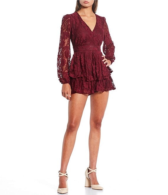 Color:Wine - Image 1 - Lace Tiered Romper