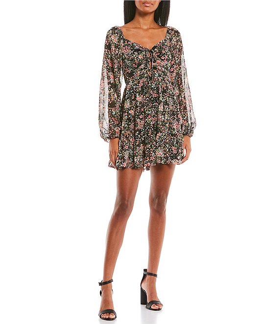 Allison & Kelly Lace Up Front Floral Print Long Sleeve Dress | Dillard's