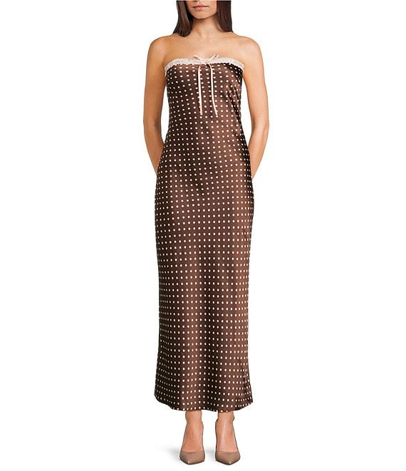 Allison & Kelly Polka Dot Front Tie Strapless Dress, Brown/Pink - Image 1