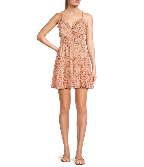 Color:Light Peach/Rust - Image 1 - Floral Print Ruffle Trim Fit-And-Flare Mini Dress