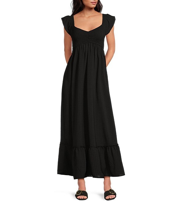Allison & Kelly Textured Woven V-Neck Flutter Sleeve Smocked