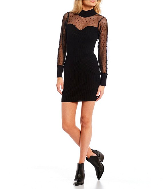 Color:Black - Image 1 - Turtleneck Long Dot Mesh Sleeve Sweater Dress