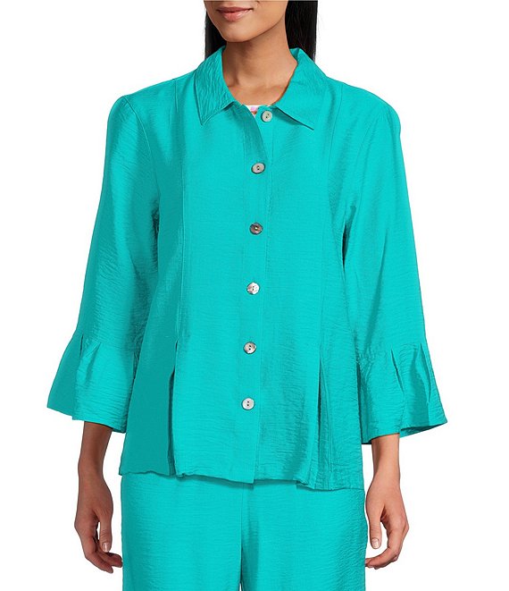 Allison Daley 3/4 Flounce Sleeve Button Front Point Collar Top