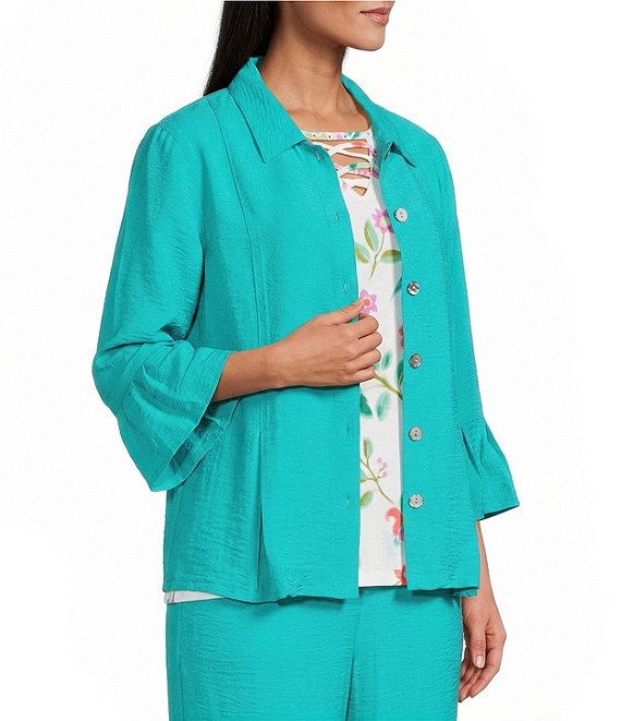 Allison Daley 3/4 Flounce Sleeve Button Front Point Collar Top