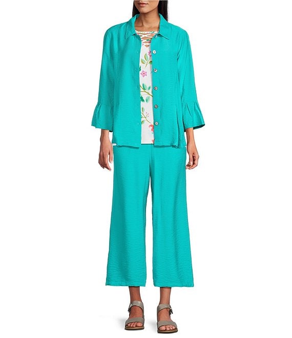 Allison Daley 3/4 Flounce Sleeve Button Front Point Collar Coordinating Top