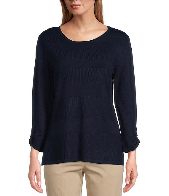 Color:True Navy - Image 1 - 3/4 Ruched Sleeves Round Neck Top