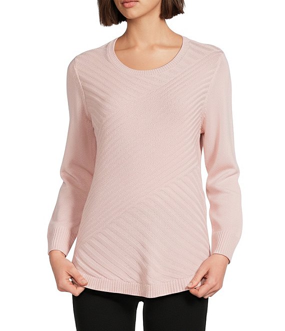 Allison Daley 3/4 Sleeve Crew Neck Curve Hem Diagonal Rib Front Sweater, Blush - Image 1