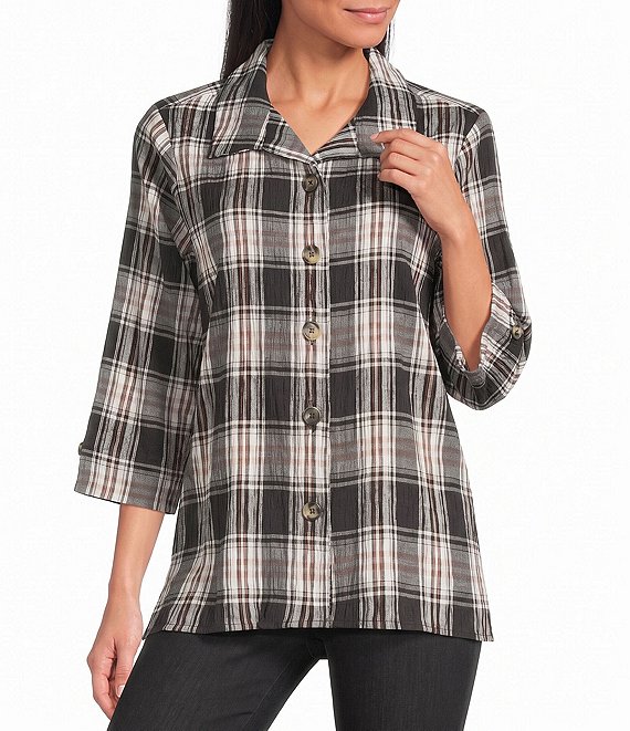 Allison Daley 3/4 Sleeve Point Collar Button Front Blouse
