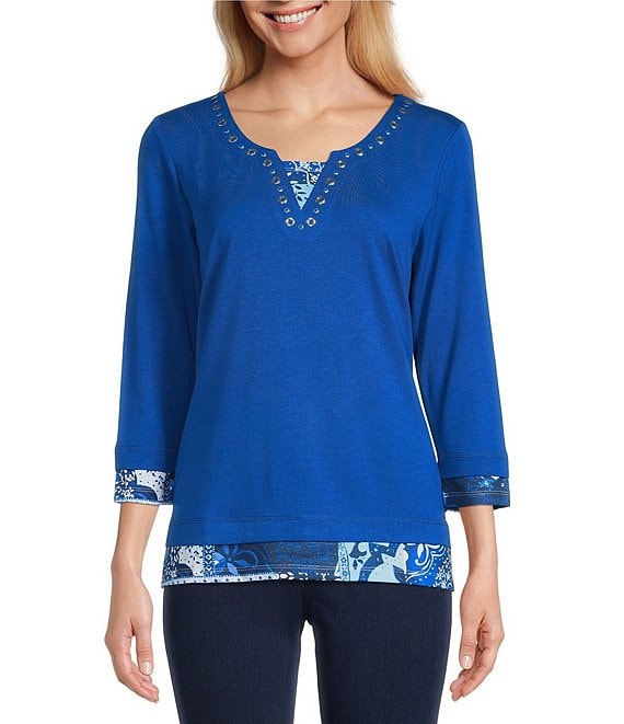 Allison Daley Embellished 3/4 Sleeve Split Round Neck Knit Twofer Top ...