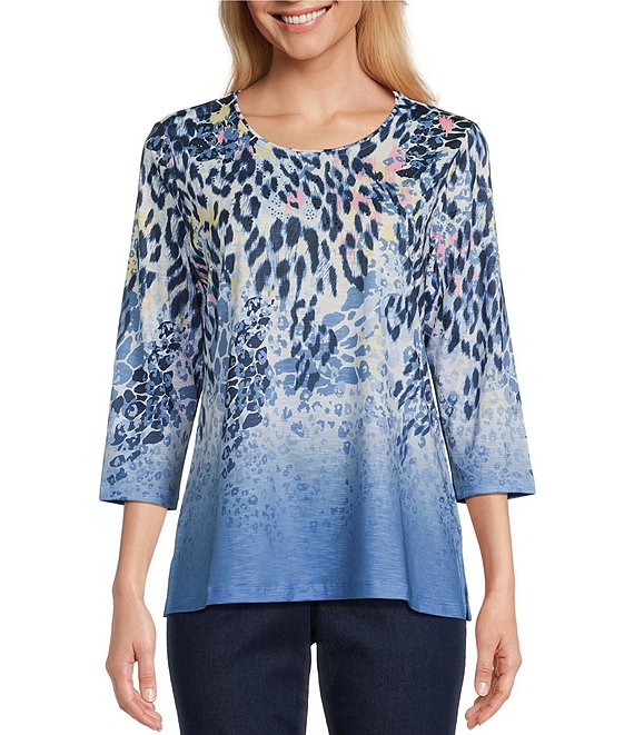 Color:Animal Ombre - Image 1 - Embellished Animal Ombre Print 3/4 Sleeve Scoop Neck Knit Top