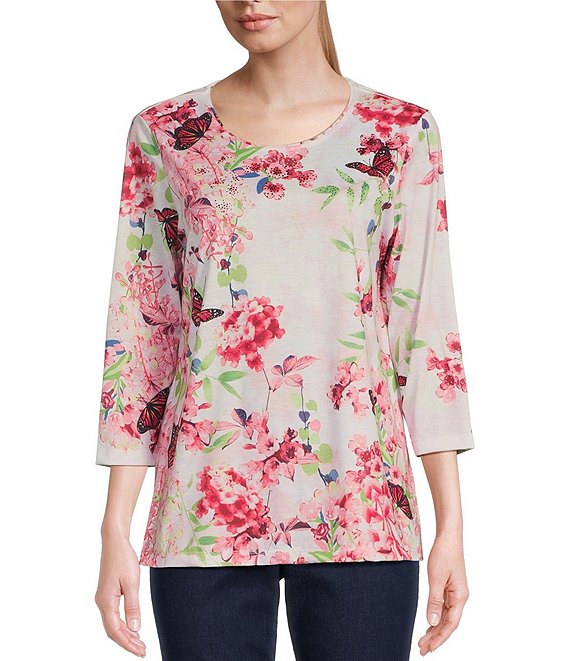 Color:Butterfly Border - Image 1 - Embellished Butterfly Floral Print 3/4 Sleeve Scoop Neck Knit Top