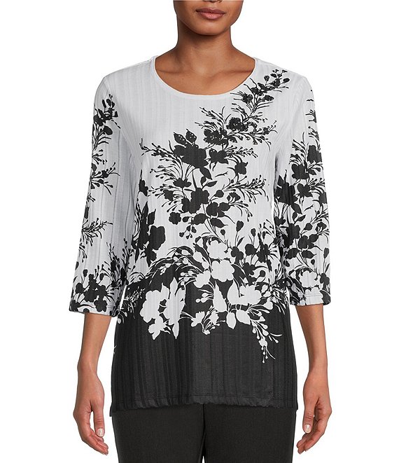 Allison Daley Embellished Floral Print 3/4 Sleeve Round Neck Ribbed ...