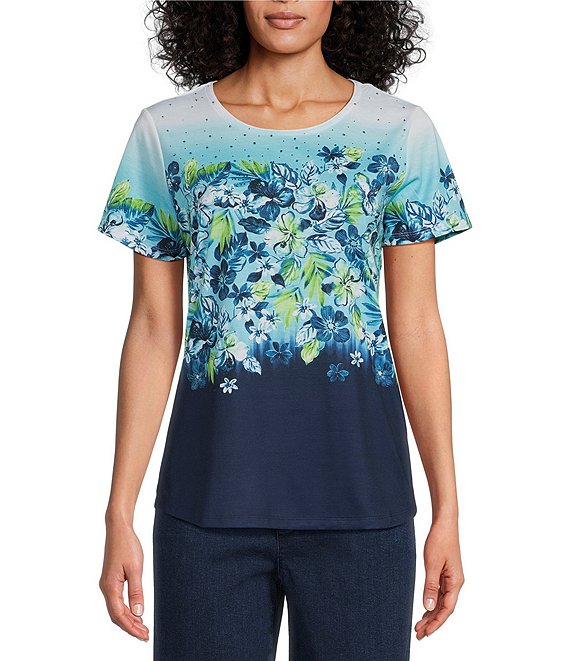 Allison Daley Embellished Ombre Flower Print Short Sleeve Top | Dillard's